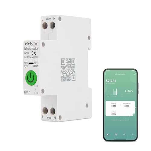 eMylo Smart Circuit Breaker, WIFI Energie Monitor Messgerät AC 220V 50A 1P DIN Rail Switch Power Consumption Monitor Meter, Unterstützung Alexa, Tuya Smart life APP Fernbedienung
