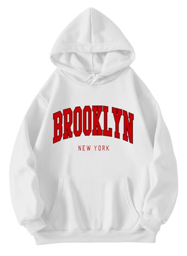 Hilinker Womens Graphic Long Sleeve Cropped Hoodies Drawstring Hooded Sweatshirt White Red Brooklyn Large