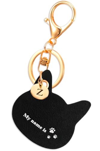 猫 キーホルダー イニシャル z 黒 革 肉球 ネコ ハチワレ ブラック レザー かわいい おしゃれ バッグチャーム 飾り 鍵 black cat key chain