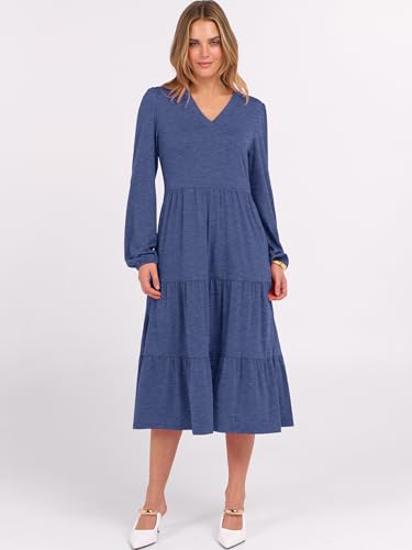 Image of ANRABESS Women's Long Lantern Sleeve Floral Midi Dresses 2026 Fall V Neck Casual Flowy A-line Tiered Boho Vacation Dress