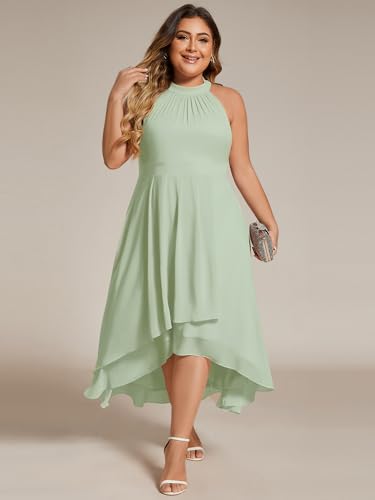 Image of Ever-Pretty Plus Women's Sleeveless Halter A Line Pleated High Low Plus Size Wedding Guest Cocktail Dresses 31926-DA