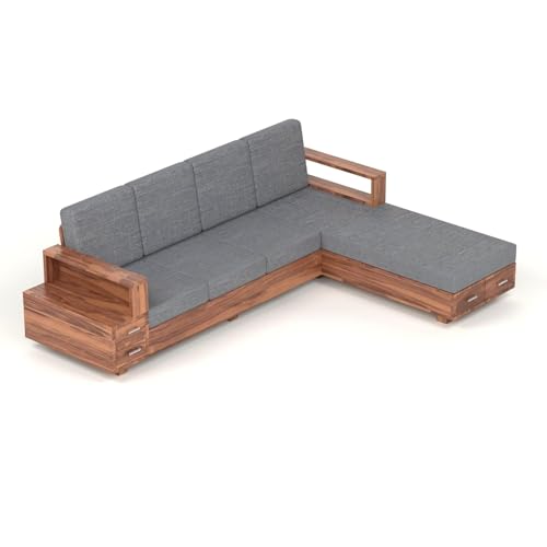 Image of Sheesham Wood L Shape Sofa Set for Living Room with Storage Drawers and 40 Density Cushion | Solid Wooden Corner Sofa Set with Grey Fabric Upholstery