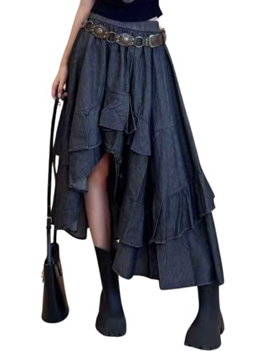 chouyatou Women's Y2K Irregular Ruffle Hem Denim Skirt Elastic Waist Split Thigh Midi Jean Tiered Skirt