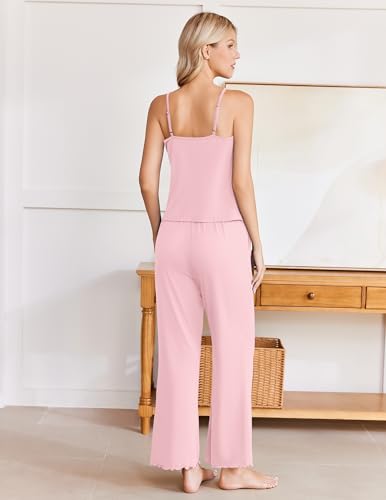 Image of Ekouaer Womens Y2K Cami Pajama Set with Flare Pants, 2 Piece Lace Trim Sleepwear Spaghetti Strap Pjs Set XS-2XL
