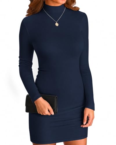 Image of WNEEDU Women Jumper Dress Slim Autumn Ribbed Knit Mini Long Sleeve Bodycon