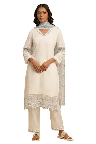Image of W for Woman W Women White Solid Cotton Co-Ord Kurta Set, Straight Pant & Dupatta
