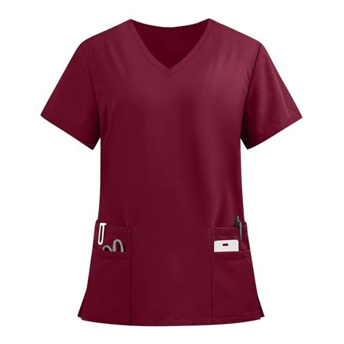 Image of FONMA Scrub Tops Women Plus Size Stretchy V-Neck Scrub Shirts with 4 Pockets Breathable Short Sleeve Nurse Uniforms