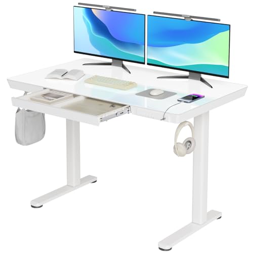 Image of INNOVAR Glass Standing Desk with Drawers & USB Ports,48 inch Whole-Piece Glass Top Adjustable Height Desks, Quick-Install Electric Sit-Stand Up Desk for Home Office & Computer Workstation, White