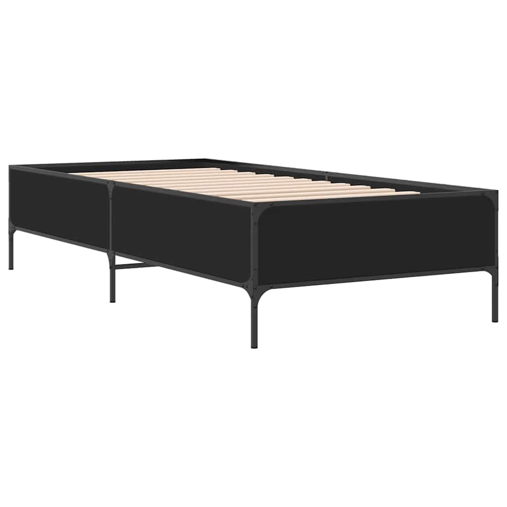 Drewnopochodny z metalowymi nogami stabilna rama 90x200 cm czarny | Rama łóżka 90x200 czarna z drewnopochodnego materiału i metalu, stabilna stelaż pod materac z listwami ze sklejki, wzmocnione