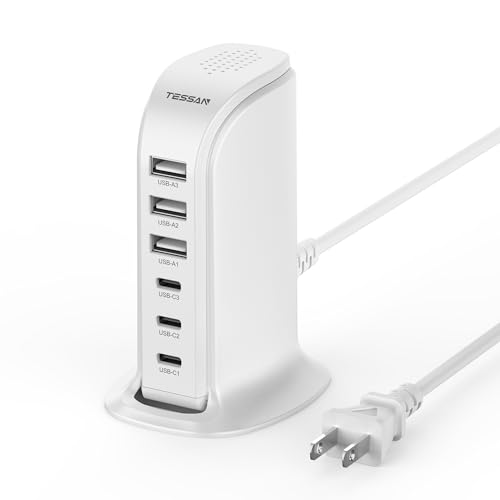 USB Charging Station for Multiple Devices 40W, TESSAN Phone Charger Tower for iPhone 13/14/15, ipad, Tablet, Smartphone USB Charging Hub with 6 Charging Ports, Home Travel Office Accessories