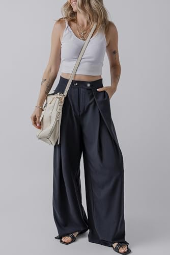 Urchics Womens Casual Pants Dirty Blue Dual Buttoned High Waist Pleated Wide Leg Pants3