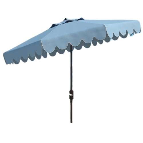 SAFAVIEH PAT8010A Collection Venice Navy and White Single Scallop 9Ft Crank Outdoor Push Button Tilt Umbrella