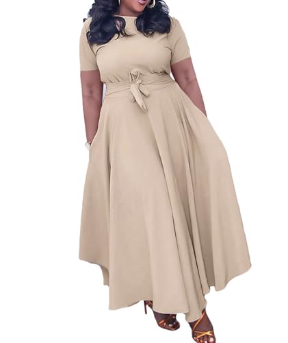 Image of SOMTHRON Women's Casual 3 /4 Sleeve Long Maxi Dress A-Line Flared Solid Wrap Tie Waist Swing Dresses