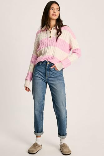 Women's Pink Stripe Cable Knit Collared Henley Sweater - Stylish & Cozy3