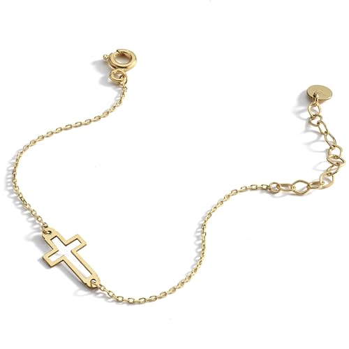 14k Solid Gold Cross Bracelet for Women, Bracelets, Real Gold Sideways Adjustable Cross Bracelet for Women, Christian Baptism Gift for Her3