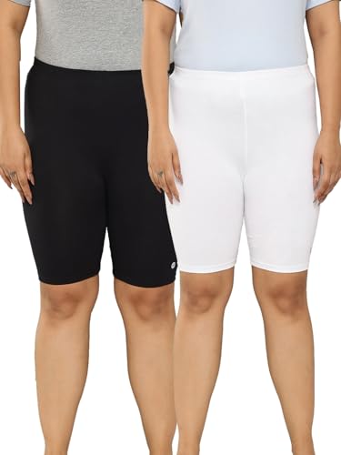 Image of LEADING LADY Women's Solid Cotton Mid Rise Shorts | Skinny fit Short for Workout, Yoga, Gym & Running Shorties (Pack of 3)