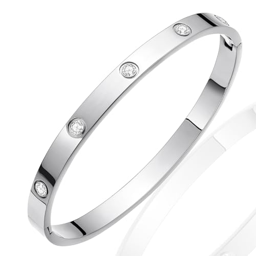 BOLAGTIER Gold Plated Bracelet with Cubic Zirconia Stones Stainless Steel Bangle Minimalist Cuff Love Charm Bracelets for Women