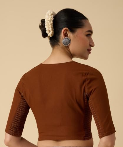 Image of Studio Shringaar Women's Thick Handloom Cotton Plain Side Stretch (Smocked) Readymade Saree Blouse