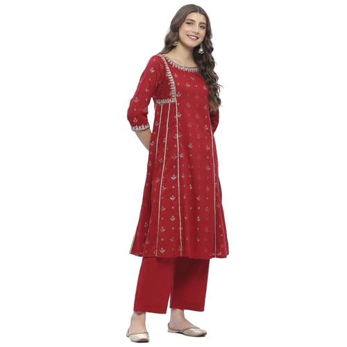 Image of Biba Women 100% Cotton 3 /4 Sleeve Round Neck Kalidar Printed Suit Set