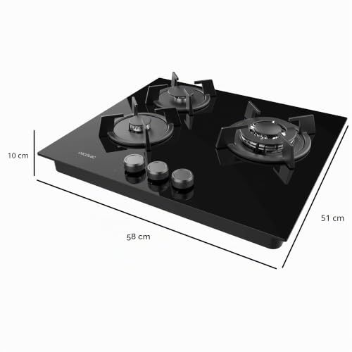 Miniatura 2 de Cecotec Placa de Gas 3 Fuegos Bolero Squad GN 3200S Glass Black. 6,25kW, Preparada para Gas Natural, Cristal Negro, Parrillas Individuales de Hierro Fundido, Quemador Wok, Seguridad Válvulas
