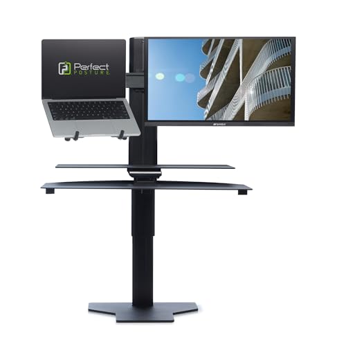 Perfect POSTURE Sit2Stand Standing Desk Converter Monitor Mount and Laptop Holder – 18” Height Adjustable Sit-Stand Workstation – Black