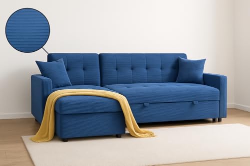 L-Shaped Corner Sofa Bed with Hidden Storage – Reversible Chaise Longue for Left or Right Hand Facing – Space-Saving Sofa Bed for Living Room – Blue,brown,grey