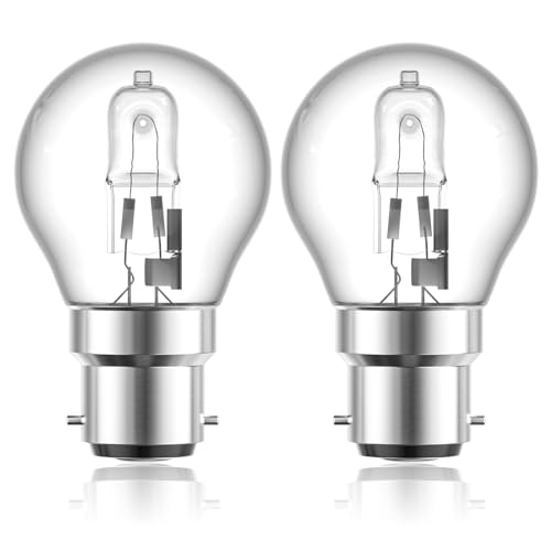 DoRight G45 28W Eco Halogen Mini Globes Light Bulb B22 Classic Clear Round Dimmable Warm White 2700K Bayonet Cap Clear Golf Ball Light Bulbs 340-370 Lumen AC 220-240V (Pack of 2)
