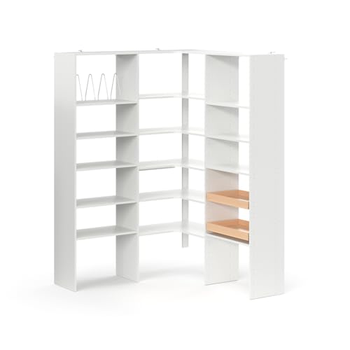 Easy Track 54” x 78" Basic Pantry Square Corner Storage System Kit, Floor Mounted, 2 Maple Drawers, Tray Divider Accessory, Solid Wood, White