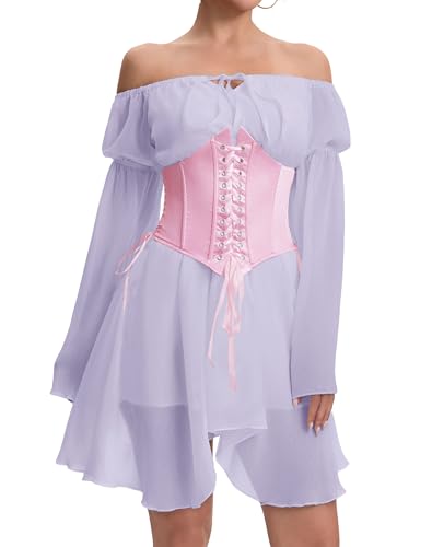 Image of Womens Corset Dresses Off Shoulder Bell Sleeve Casual Party Fairy Two Piece Outfits Bustier Dress