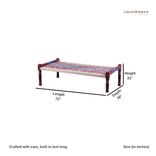 Image of Solid Sheesham Wood Charpai Khat Bed | Wooden Khatiya Charpai Desi | Handcrafted Khatiya Bed with Cotton Rope | Strong Khat for Indoor & Outdoor Use | 6X3 Feet | Dori 2 Wine Blue