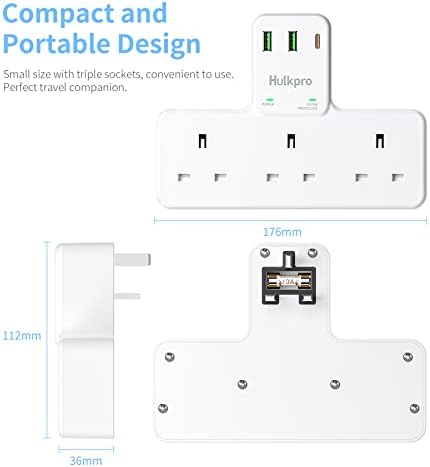 3 Way Plug Adaptor with USB, Multi Plugs Extension Adapter 3 Way 3 USB (1 Type C), Surge Protected Extension Plug, Hulkpro 13A Fused UK Power Extender 3250W for Home, Office, Kitchen