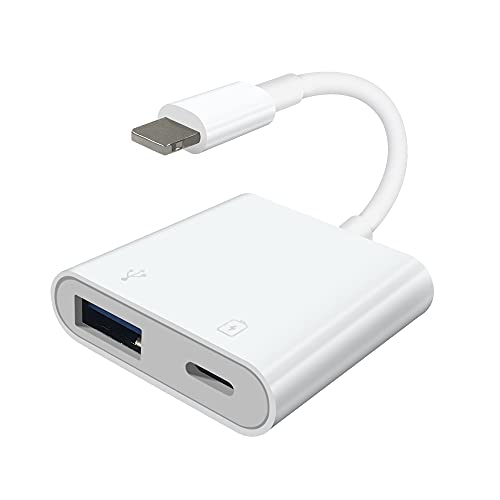 USB to iPhone OTG Adapter,USB Camera Adapter,Portable iPhone USB Adapter with Charging Port,USB3.0 OTG Adapter for iPhone/iPad,Support Card Reader,USB Flash Drive,Keyboard,Mouse Plug & Play,White