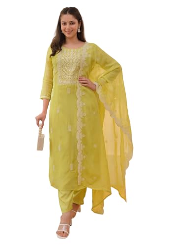 Image of LookMark Women's Chanderi Chikankari Kurta Set with Dupatta Kurti with Pants Ethnic Traditional Outfit