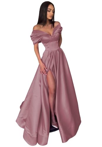 Image of Pleated Off The Shoulder Satin Prom Dresses for Women, Formal Evening Gowns Cocktail Party Dresses with Slit&Pockets
