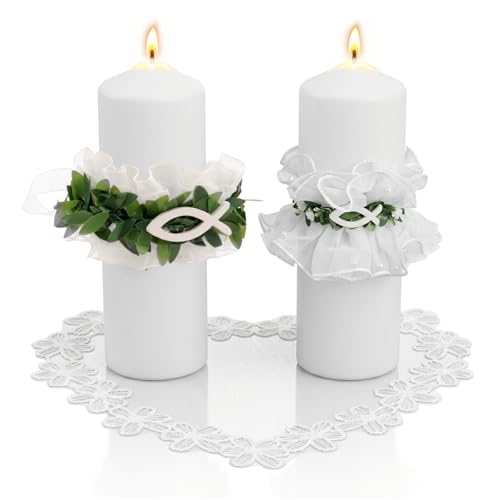 RhiVrillion Juego de 2 Cubiertas Antigoteo para Vela de Bautizo en Organza con Base de Vela Calada de Corazón, Accesorios para Velas de Bautizo de 3-6 cm de Diámetro, Kit de Protección Contra Cera