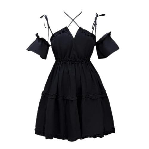 WSZJLN Vêtements pour Femmes foncés avec Large balançoire, Jupe à Bretelles Ample à col en V, Robe Dos Nu, Petite Robe Noire Intrigante, Minceur-Noir-L