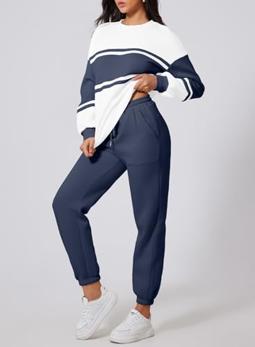 Herseas Womens Long Sleeve Crewneck Color Block Sweatshirt with Jogger Pants 2 Piece Outfits Tracksuit Lounge Set2