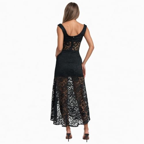 Image of OCUH Black Lace Dress Sheer Maxi Dresses Sexy Outfit for Women Going Out High Slit Skirt Bodycon Vacation Party Wear
