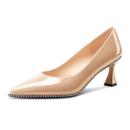 Image of TNYNFBEB Womens Kitten Heel Pointed Toe Pumps Slip-on Sliver Beaded Prom Wedding Dress Basic Classic Patent Leather Summer 2.6 Inches Heels