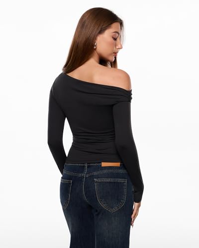 Image of INLYRIC Women's Inbarely Seasons Off The Shoulder Double Lined Long Sleeve Tops Going Out Slim Fitted Sexy T-Shirts