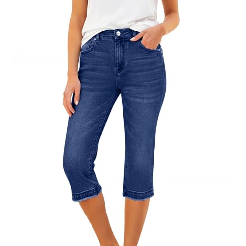 Jean skinny taille haute extensible femme pantalon denim 3/4 poches
