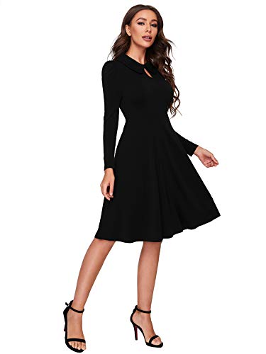 Romwe Women's Vintage 1950s Retro Collared Long Sleeve Fit and Flare Swing Party Dress Black S