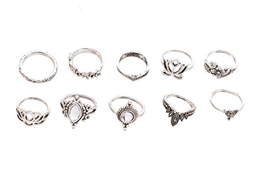 AmDxD 10 Piezas Mujeres Midi Anillo Zirconia Elefante Flor de Loto Vintage Plata Bohemia Anillo Juego Cover