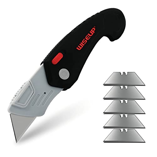 WISEUP 1 pack folding box cutter with 5pcs SK5 Blades refills Safety Lock Back design small utility knife for cartons boxes Home, Office, DIY