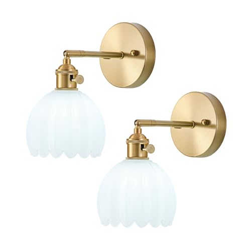 Image of Wall Sconces Set of Two Hardwired, Bathroom Wall Lights with Tulip White Glass Lampshade, Vintage Sconce with Switch