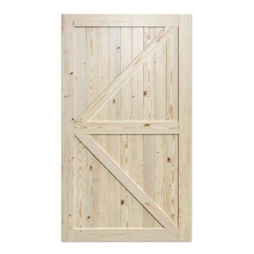 SmartStandard 48in x 84in Sliding Barn Wood Door Pre-Drilled Ready to Assemble DIY Unfinished Solid Spruce Wood Panelled Slab Interior Single Door Only Natural K-Frame (Fit 8FT Rail)