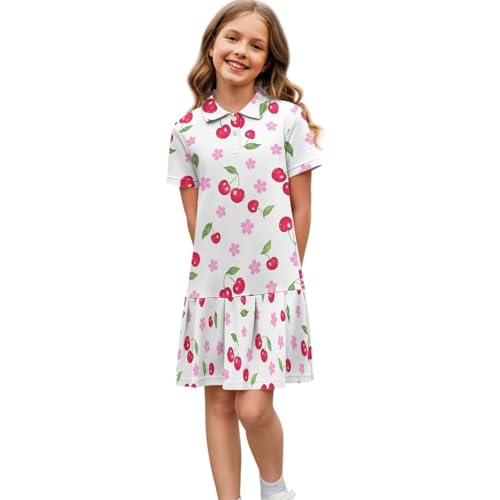 Girl's Athletic Tennis Dresses Short Sleeve 2 Buttons Golf Outfit for 5-14 Years Workout Skirt