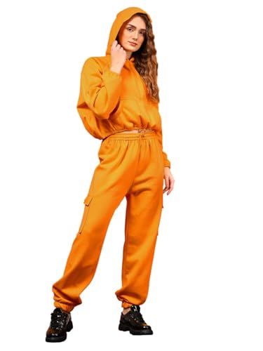 KOTTY Chándal cálido para mujer, conjunto de ropa deportiva ligera de invierno con capucha y pantalones deportivos, ideal para yoga, correr, viajes y deportes, Anaranjado Brillante, L