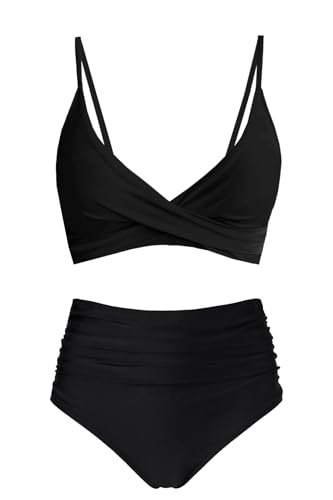 Amy Babe Women's High Waisted Bikini Sets Push Up Twist Front Spaghetti Straps Ruched Two Piece Swimsuit Bathing Suit Black (Medium)
