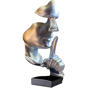 Thinker Statue, Silence is Gold Abstract Art Sculpture, Ponder Statue, Creative Resin Figurine, Modern Home Ornament, Decoration for Home Room Study Office Table Shelf (Silver)
